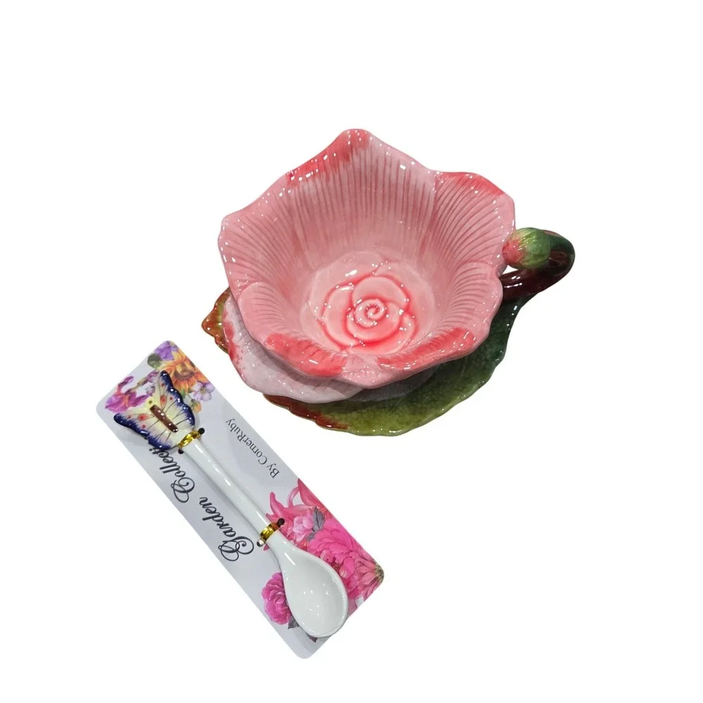 CornerRuby Garden Collection Pink Rose Tea‎ Cup Leaf Saucer Butterfly Spoon Set